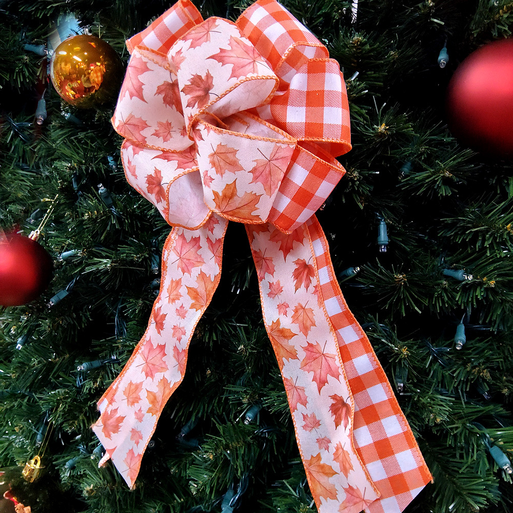 Rustic Autumn Leaves Satin Bow Cozy Harvest Checkered Bow