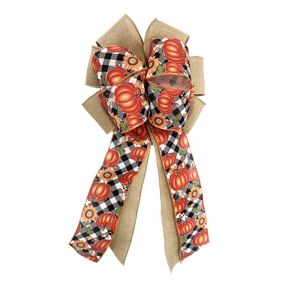 Vibrant Pumpkin & Sunflower Christmas Bow with Burlap & Satin Ribbon Rustic Farmhouse Holiday Decoration for Wreaths, Gifts & Mantel Ornaments (Metallic Gold Accents & Textured Autumn Design)