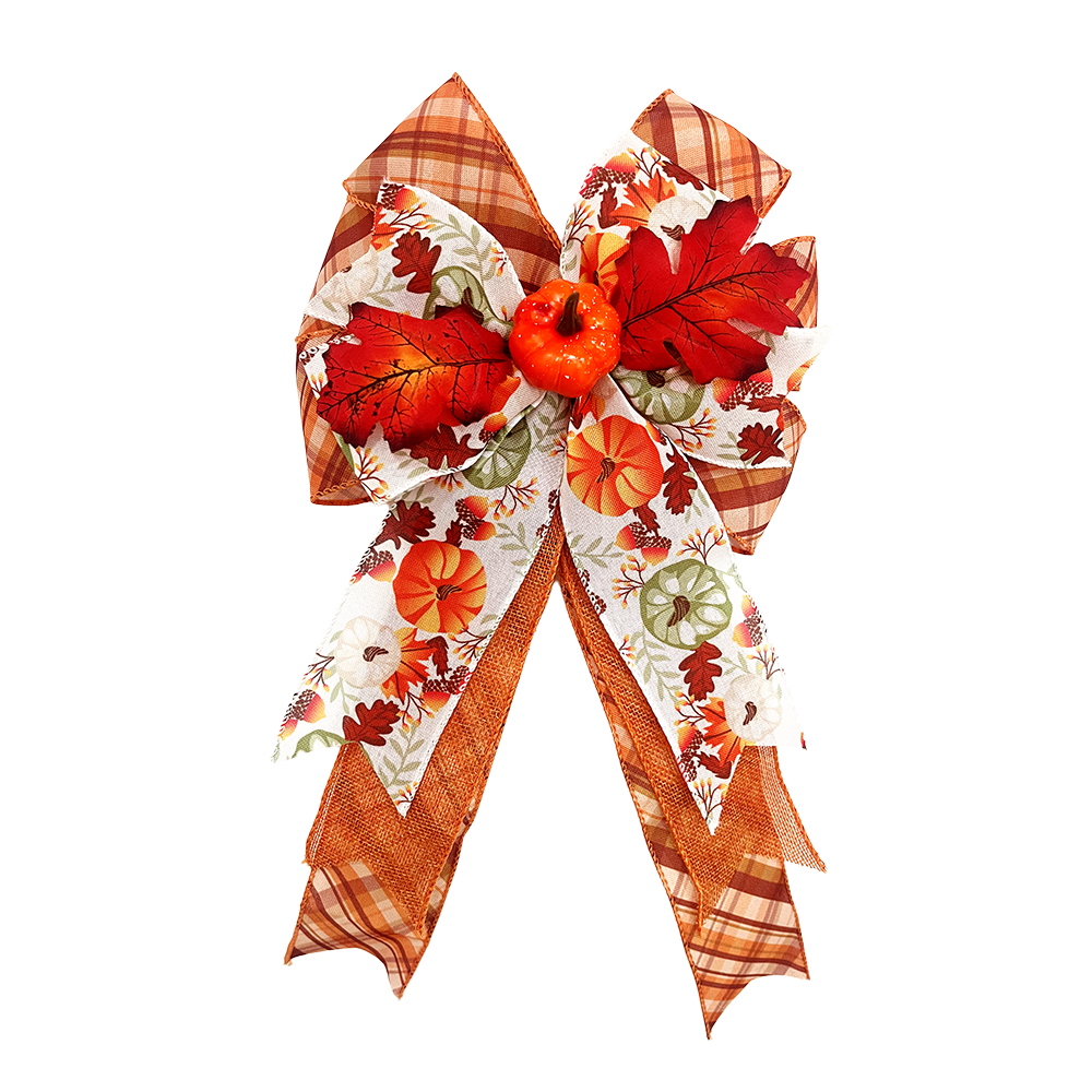 Autumn Pumpkin & Red Leaf Plaid Bow | Rustic Fall-Themed Christmas Decoration for Wreaths, Gifts & Mantel Ornaments (Textured Fabric with Metallic Gold Accents)
