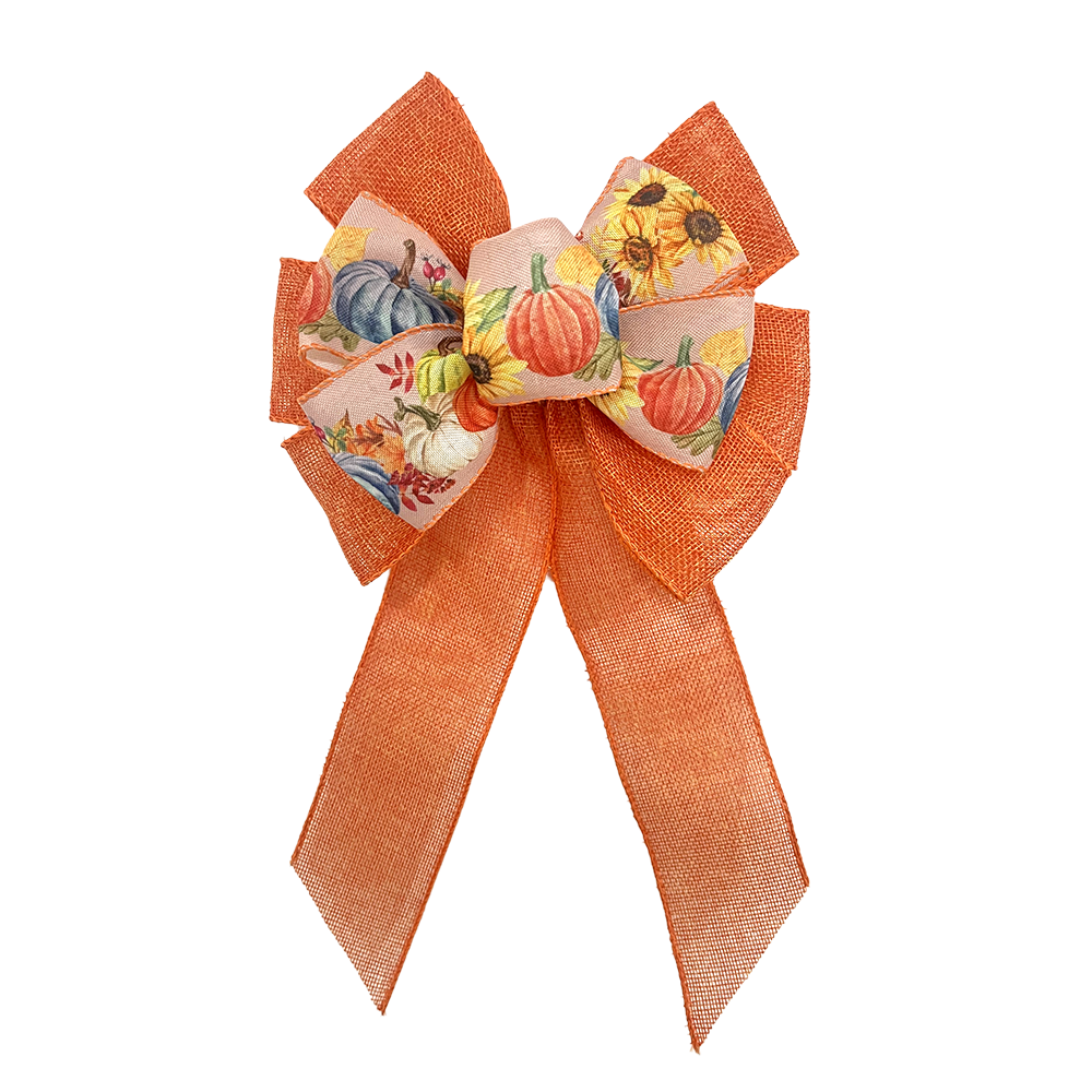 Autumn Pumpkin & Sunflower Decorative Bow with Satin & Tulle Ribbons Soft Fabric Seasonal Bow for Christmas Gifts, Wreaths & Mantel Ornaments (Warm Orange Yellow Blue Tones)