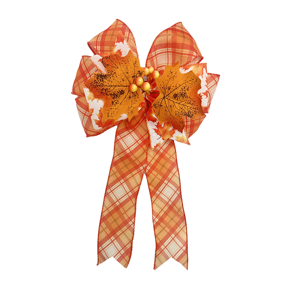 Charming Orange White Plaid Christmas Bow with Autumn Leaves & Berries Handcrafted Festive Decoration for Wreaths, Gifts & Mantel Ornaments (Textured Fabric with Metallic Gold Accents)