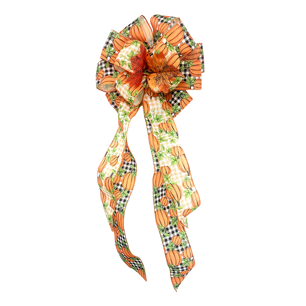 Handcrafted Pumpkin-Patterned Christmas Bow with Black & White Checkered Design Featuring Autumn Leaves & Faux Fur Trim | Rustic Holiday Decoration for Wreaths, Gifts & Mantel Ornaments