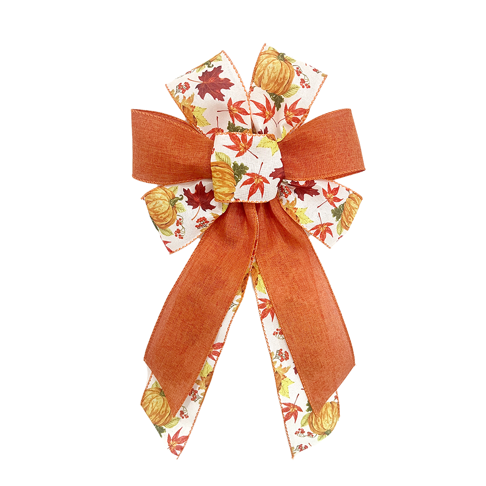 Autumn Pumpkin Bow with Embossed Foliage Design | Orange Satin Ribbon Bow for Christmas Gifts, Wreaths & Mantel Ornaments