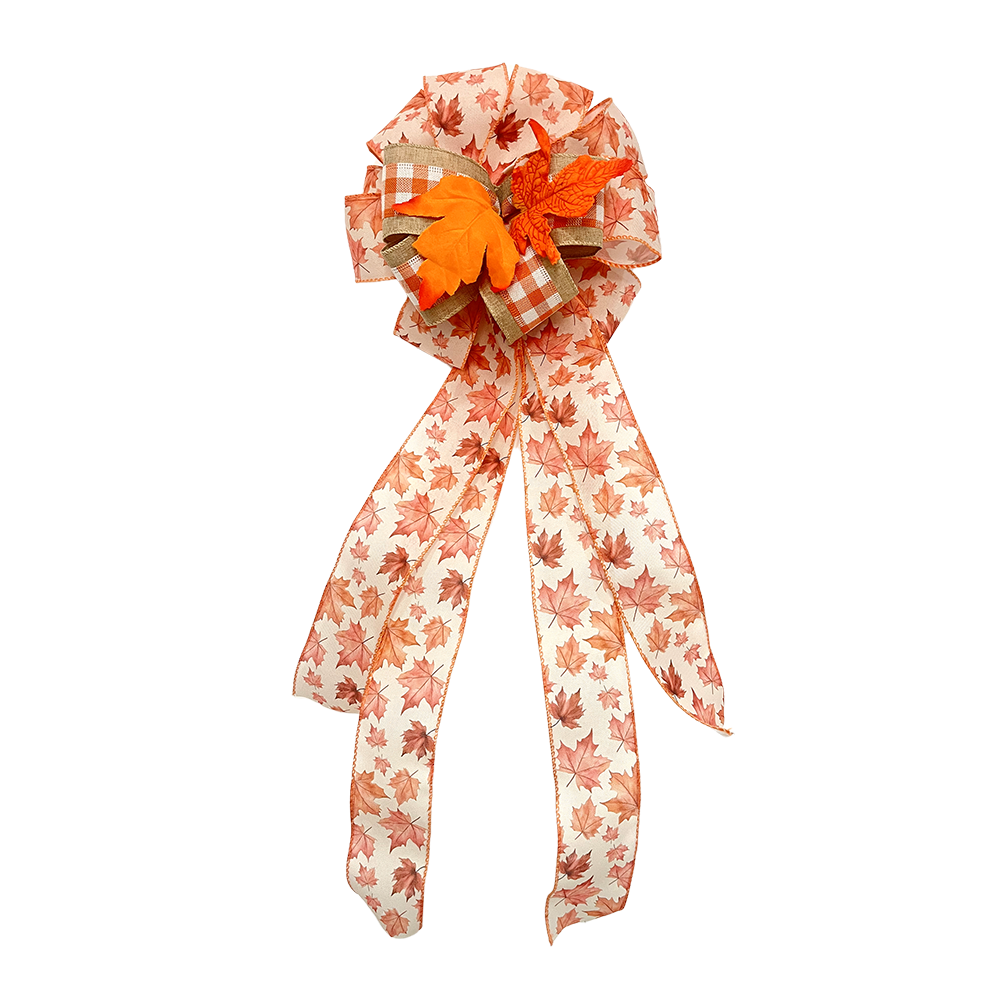 Luxurious Maple Leaf Christmas Bow with Plaid Ribbon & Tassel Accents Autumn Hued Festive Decoration for Wreaths, Gifts & Mantel Ornaments