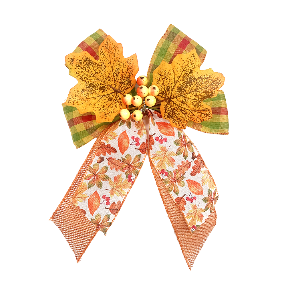 Autumn Leaf Christmas Bow with Spotted Yellow Foliage & Double-Sided Plaid Ribbon Golden Berry Accented Festive Decoration for Wreaths, Gifts & Mantel Ornaments