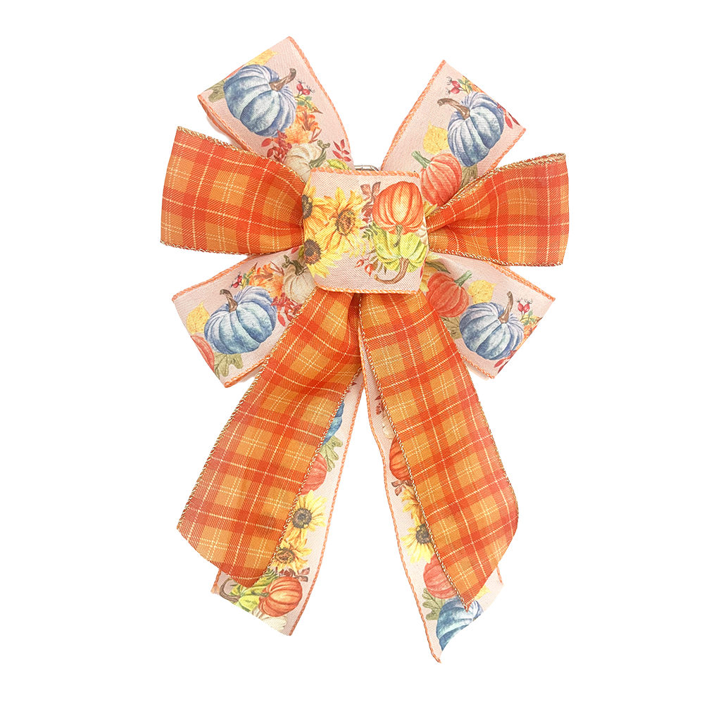 Cozy Fall-Themed Christmas Bow with Orange Plaid & Pumpkin Sunflower Design Textured Fabric Decoration for Wreaths, Gifts & Mantel Ornaments