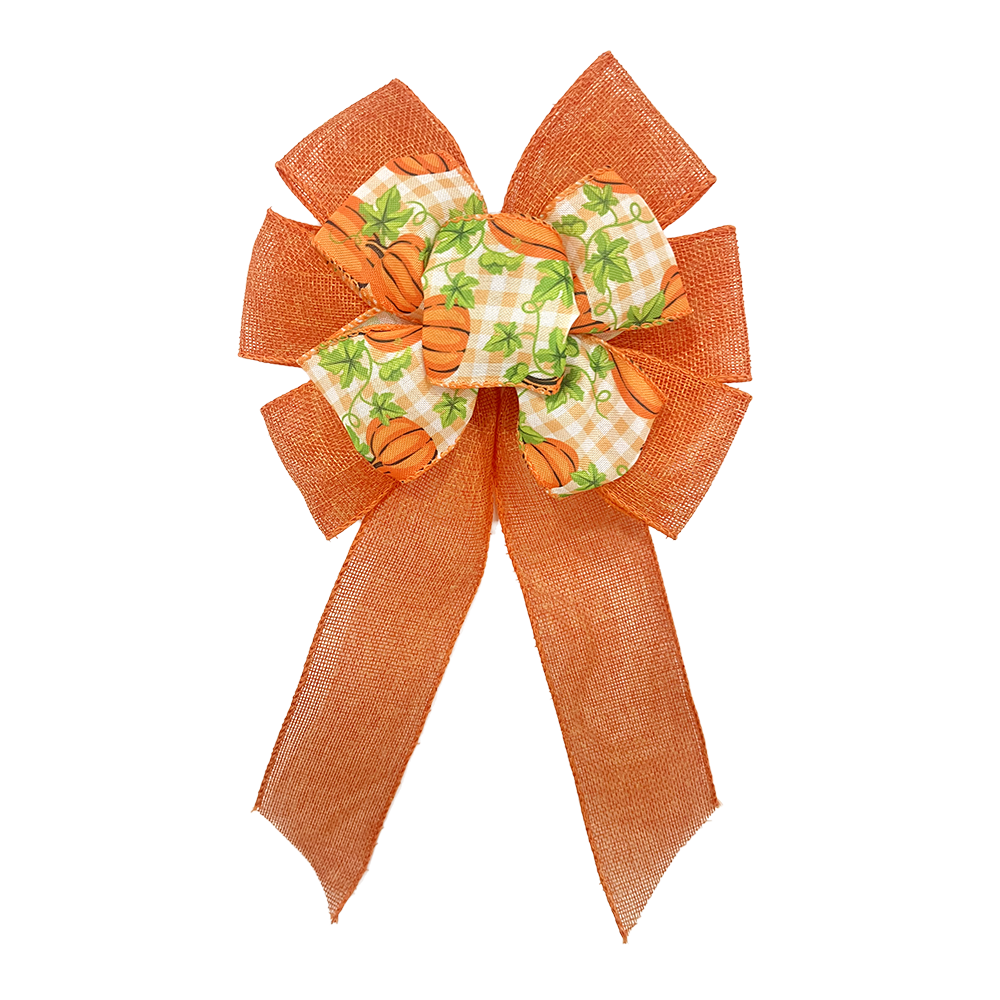 Charming Orange Pumpkin & Leaf Checkered Fabric Christmas Bow with Mesh Ribbon Cozy Festive Decoration for Wreaths, Gifts & Mantel Ornaments