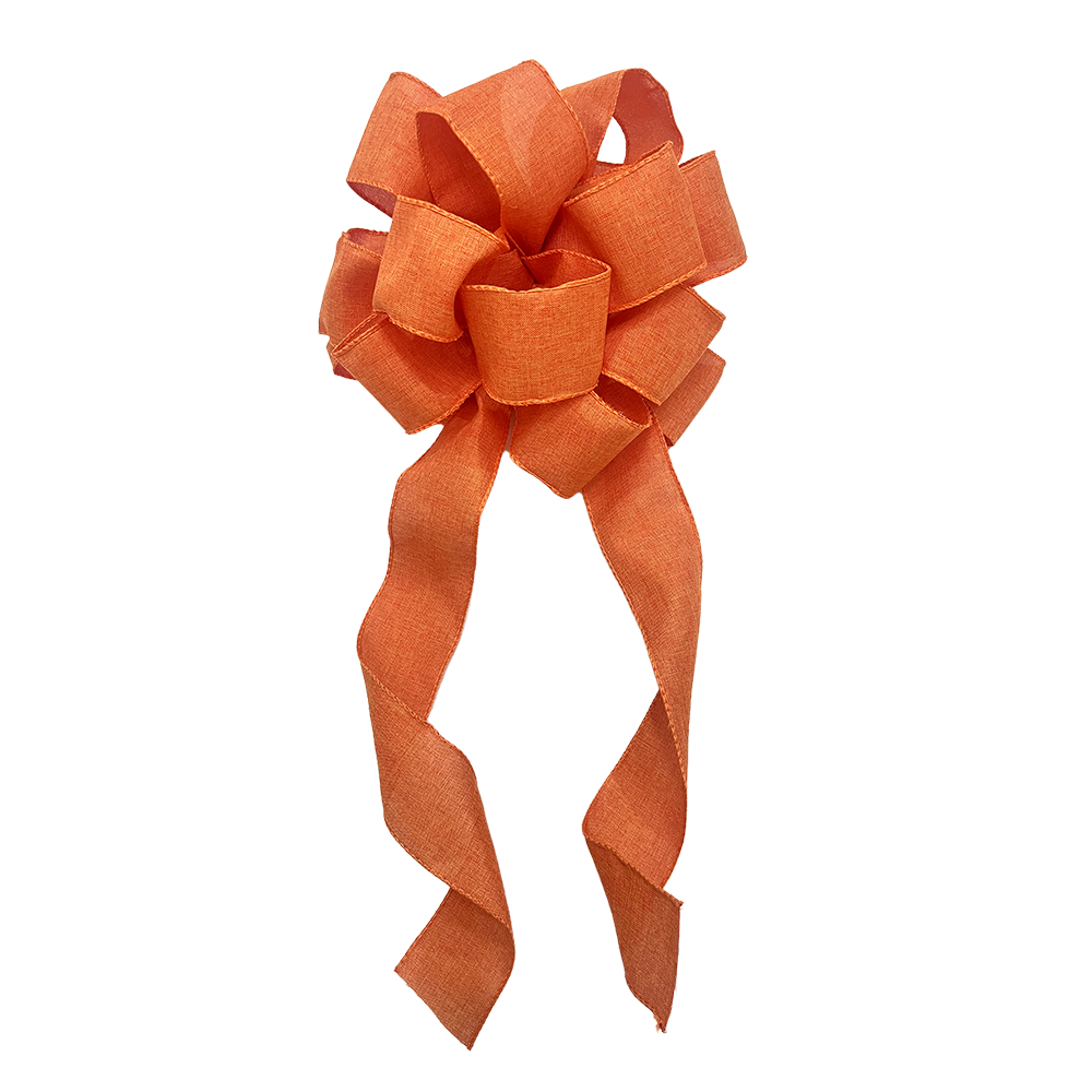 Large Orange Christmas Bow with Textured Linen & Flowing Ribbons Handcrafted Festive Decoration for Wreaths, Gifts & Mantel Ornaments