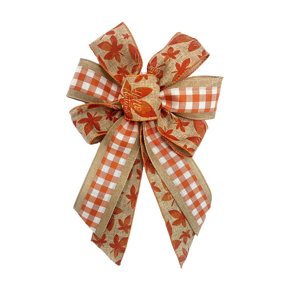 Autumn Maple Leaf Christmas Bow with Red Orange Checkered Ribbon | Rustic Holiday Decor for Wreaths & Gifts