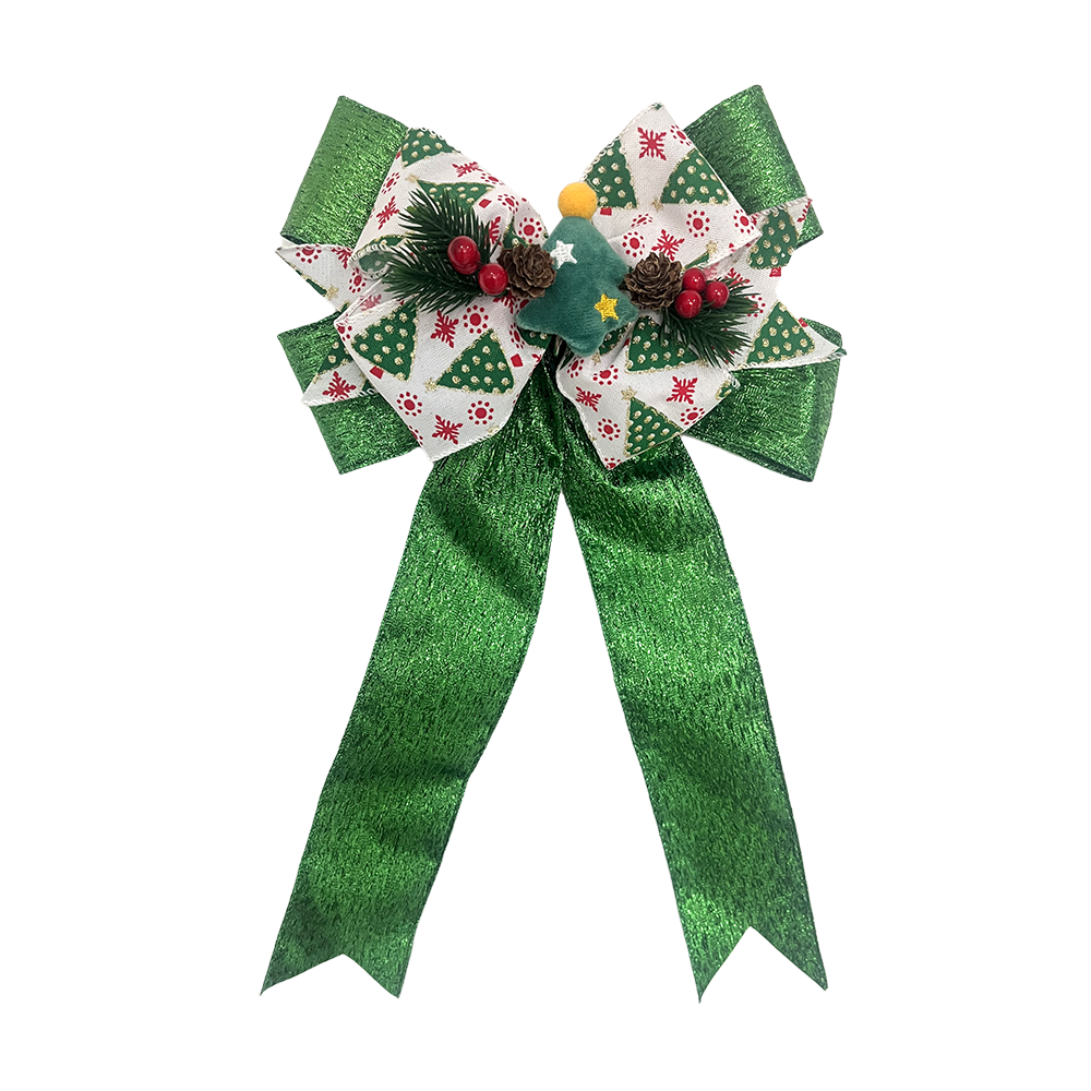 Festive Green Christmas Decorative Bow with Pinecones and Berries – Perfect for Tree, Wreath & Gifts