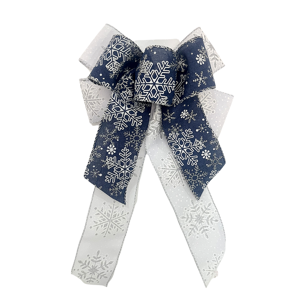 Elegant Blue and White Snowflake Christmas Bow – Winter Holiday Decorative Ribbon