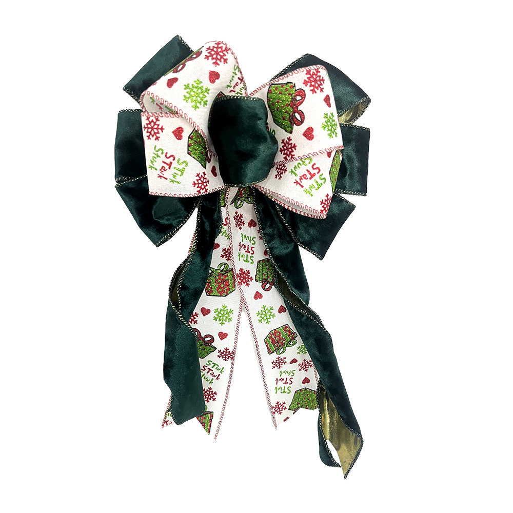 Classic Green Christmas Decorative Bow with Festive Prints – Holiday Ribbon for Gifts, Wreaths & Trees