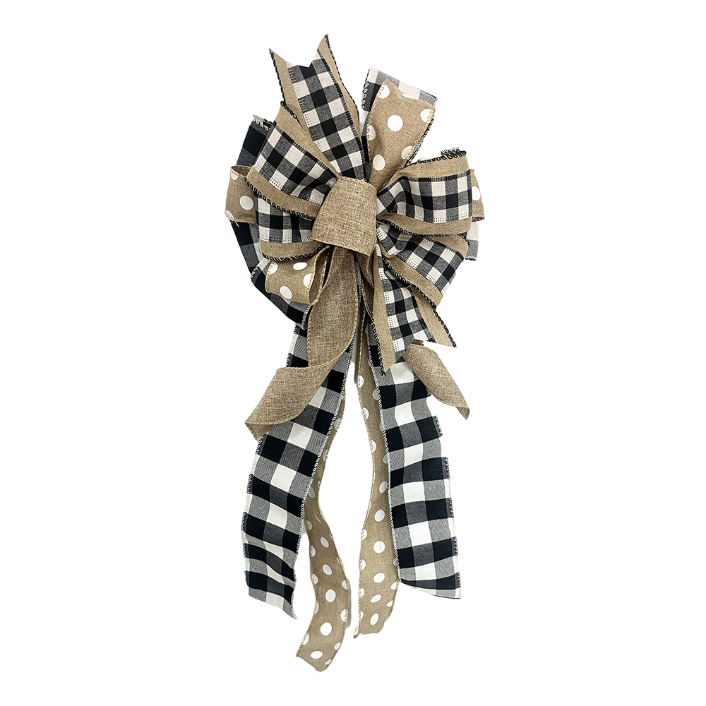 Rustic Farmhouse Buffalo Plaid and Polka Dot Christmas Bow – Holiday Ribbon for Wreaths, Gifts & Decor