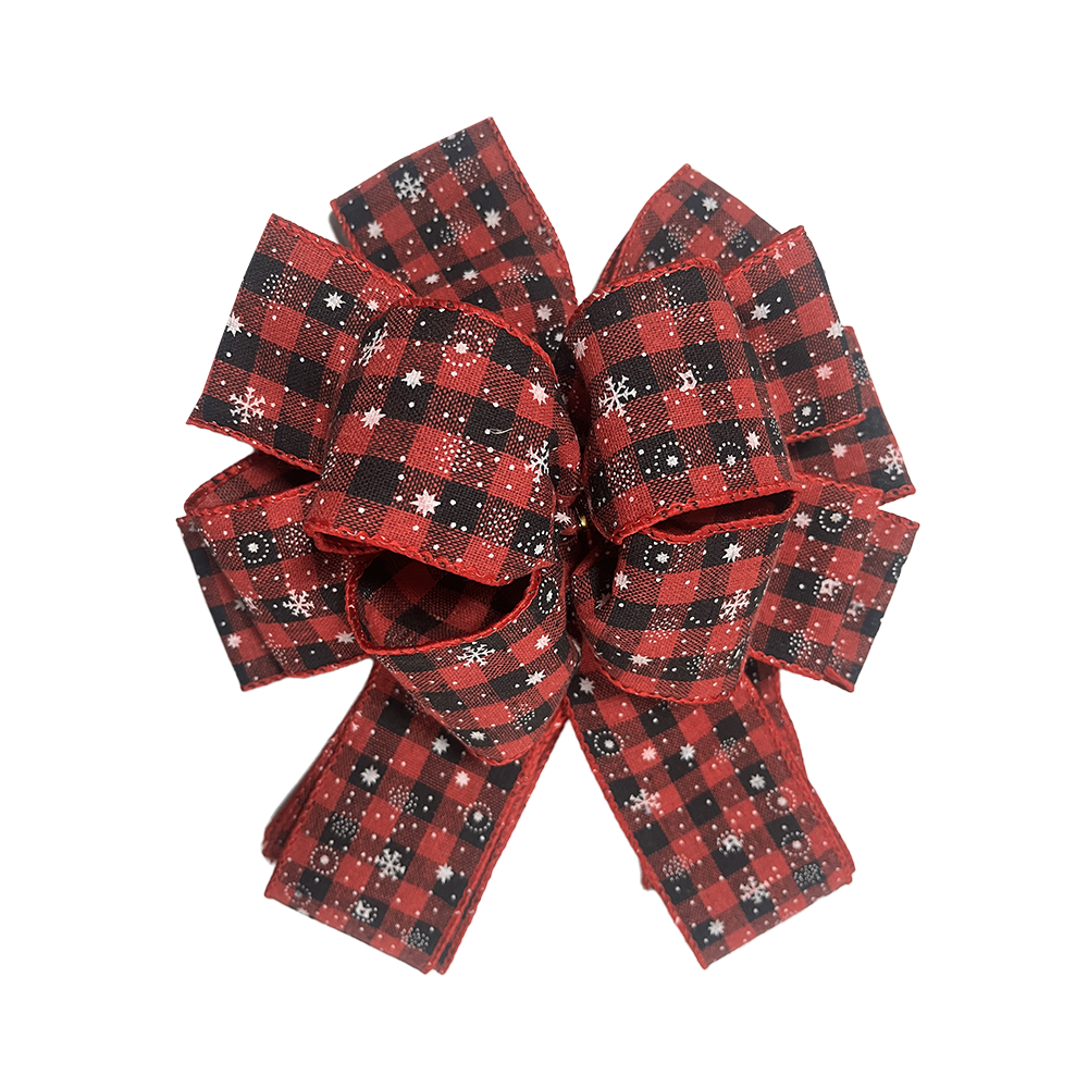 Charming Red & Black Plaid Christmas Bow with Snowflake & Polka Dot Patterns