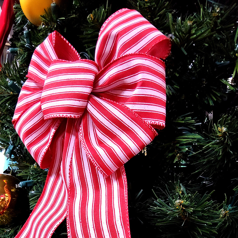 Red Striped Candy Cane Christmas Bow - Festive Holiday Accent