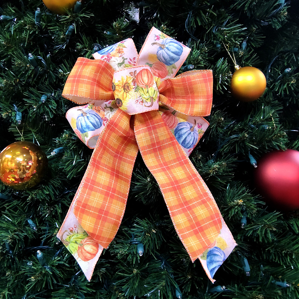 Cozy Fall-Themed Christmas Bow with Orange Plaid & Pumpkin Sunflower Design Textured Fabric Decoration for Wreaths, Gifts & Mantel Ornaments