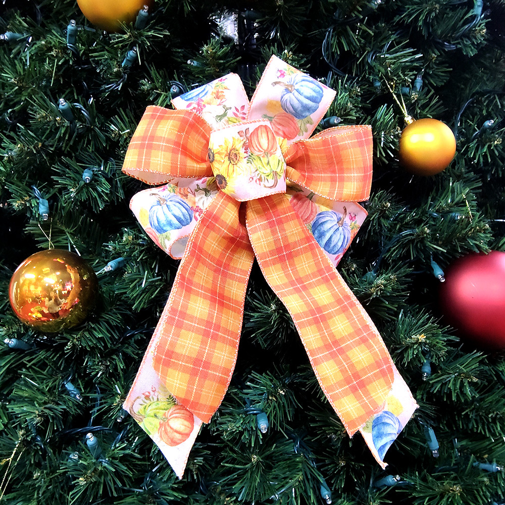 Cozy Fall-Themed Christmas Bow with Orange Plaid & Pumpkin Sunflower Design Textured Fabric Decoration for Wreaths, Gifts & Mantel Ornaments