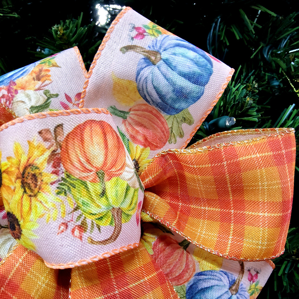 Cozy Fall-Themed Christmas Bow with Orange Plaid & Pumpkin Sunflower Design Textured Fabric Decoration for Wreaths, Gifts & Mantel Ornaments