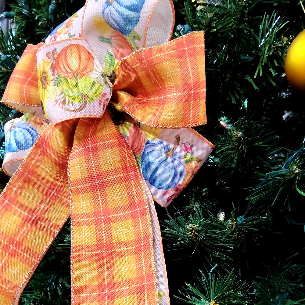 Cozy Fall-Themed Christmas Bow with Orange Plaid & Pumpkin Sunflower Design Textured Fabric Decoration for Wreaths, Gifts & Mantel Ornaments