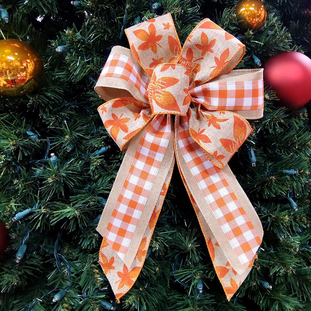 Autumn Maple Leaf Christmas Bow with Red Orange Checkered Ribbon | Rustic Holiday Decor for Wreaths & Gifts