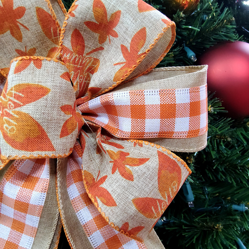 Autumn Maple Leaf Christmas Bow with Red Orange Checkered Ribbon | Rustic Holiday Decor for Wreaths & Gifts