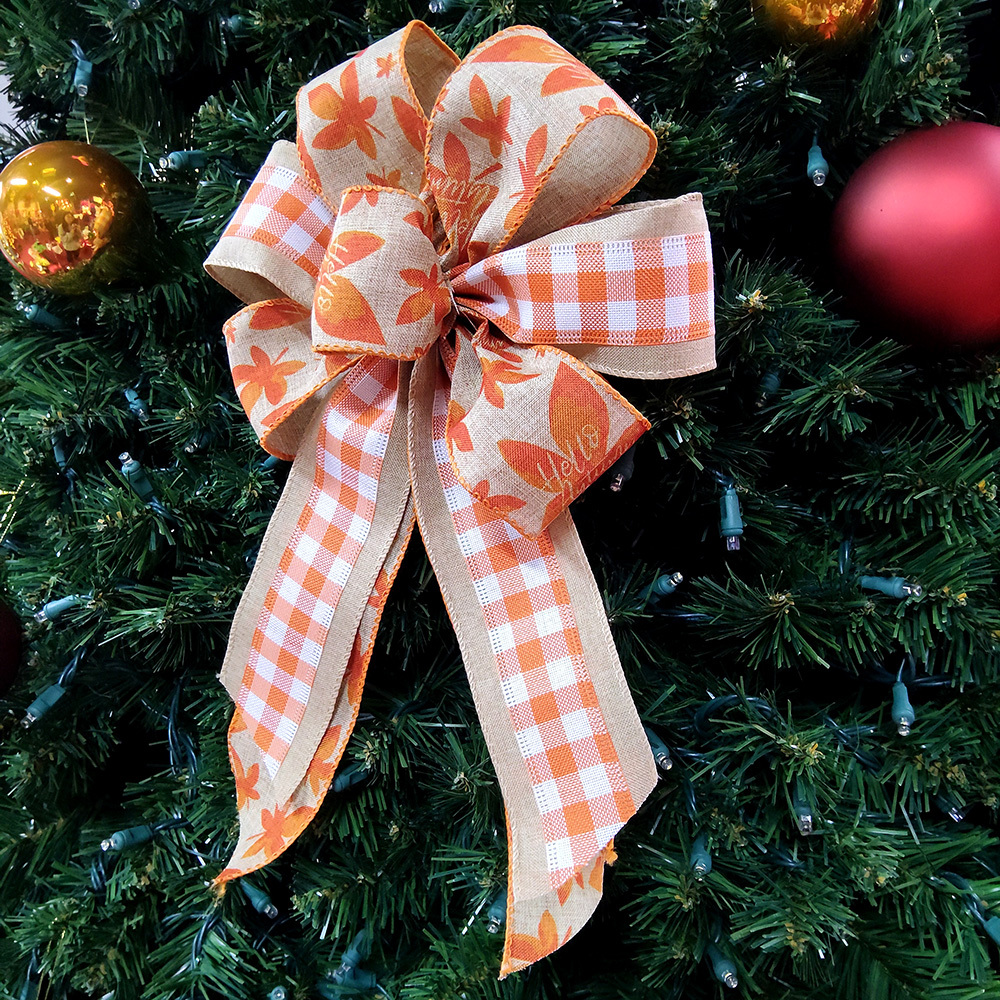 Autumn Maple Leaf Christmas Bow with Red Orange Checkered Ribbon | Rustic Holiday Decor for Wreaths & Gifts