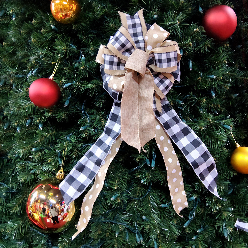 Rustic Farmhouse Buffalo Plaid and Polka Dot Christmas Bow – Holiday Ribbon for Wreaths, Gifts & Decor