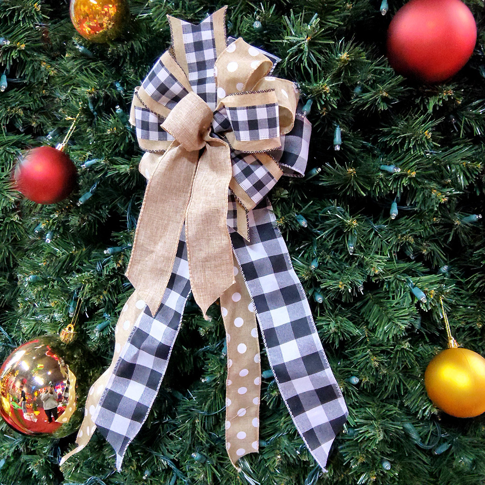 Rustic Farmhouse Buffalo Plaid and Polka Dot Christmas Bow – Holiday Ribbon for Wreaths, Gifts & Decor