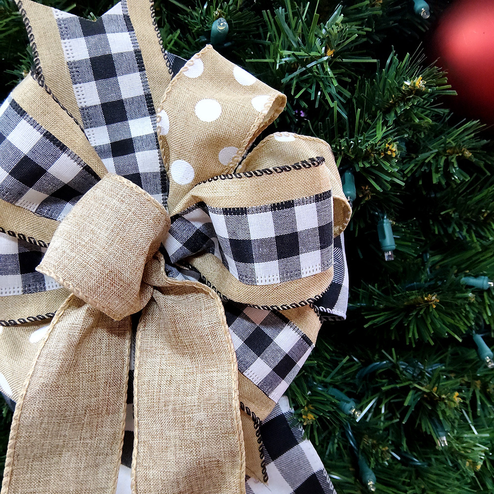 Rustic Farmhouse Buffalo Plaid and Polka Dot Christmas Bow – Holiday Ribbon for Wreaths, Gifts & Decor