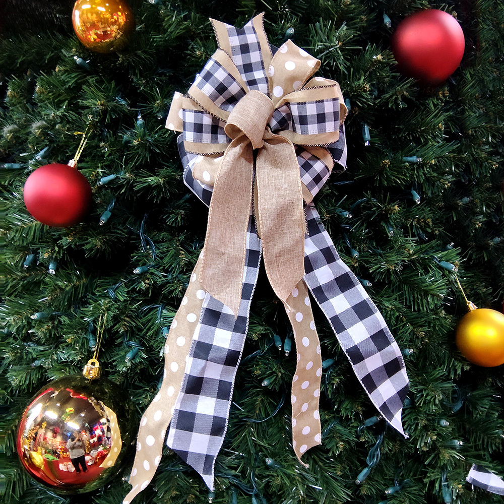 Rustic Farmhouse Buffalo Plaid and Polka Dot Christmas Bow – Holiday Ribbon for Wreaths, Gifts & Decor