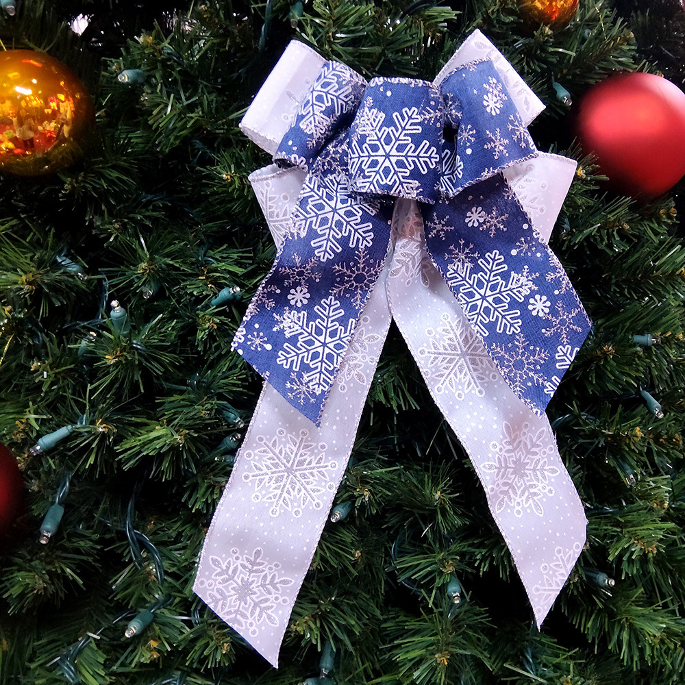 Elegant Blue and White Snowflake Christmas Bow – Winter Holiday Decorative Ribbon