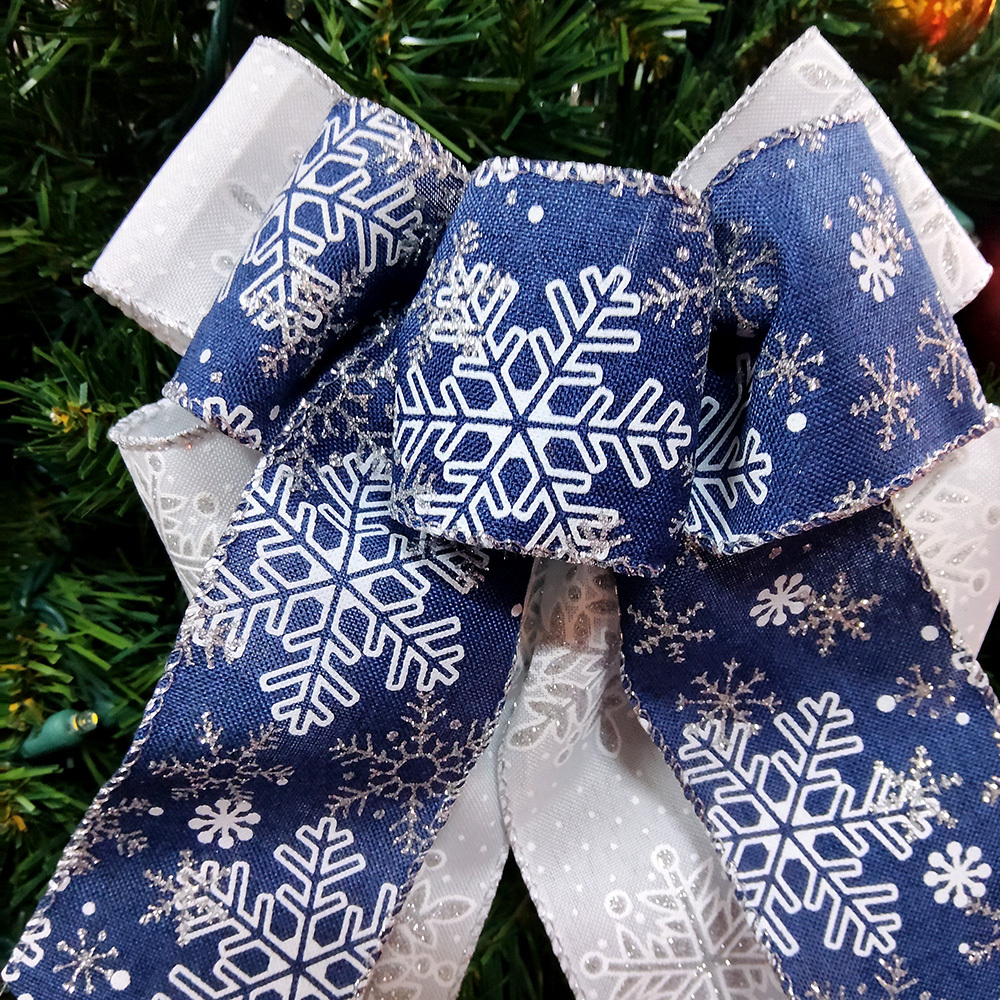 Elegant Blue and White Snowflake Christmas Bow – Winter Holiday Decorative Ribbon