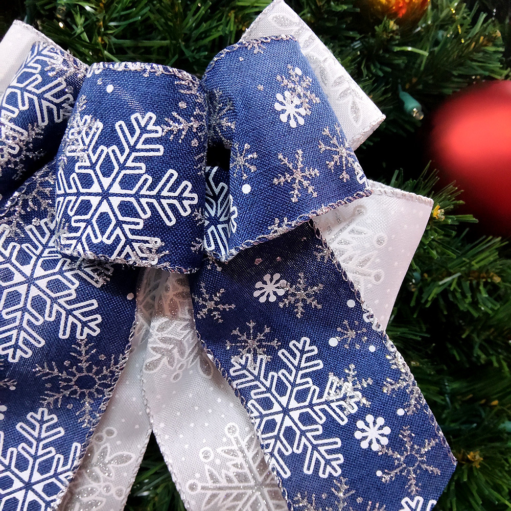 Elegant Blue and White Snowflake Christmas Bow – Winter Holiday Decorative Ribbon