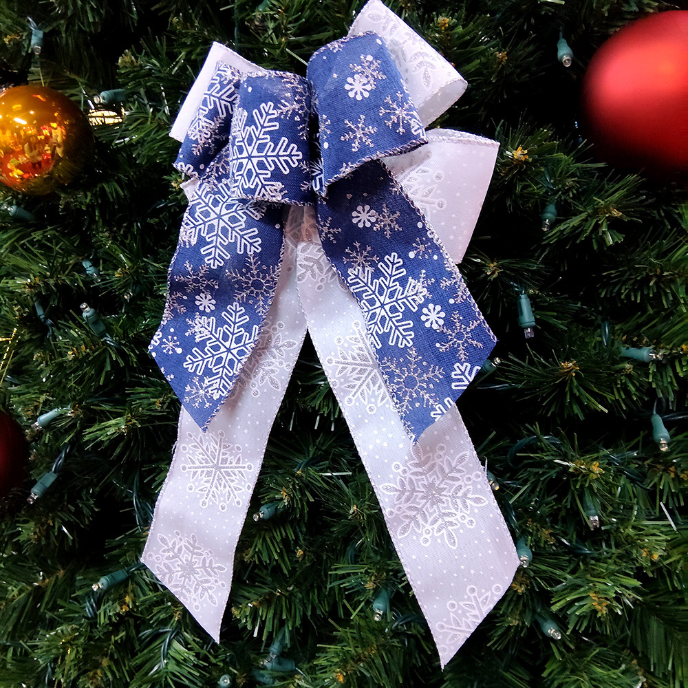 Elegant Blue and White Snowflake Christmas Bow – Winter Holiday Decorative Ribbon