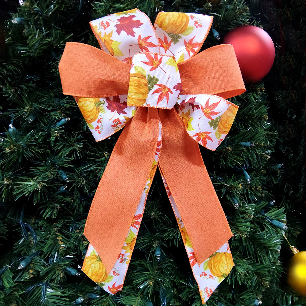 Autumn Pumpkin Bow with Embossed Foliage Design | Orange Satin Ribbon Bow for Christmas Gifts, Wreaths & Mantel Ornaments