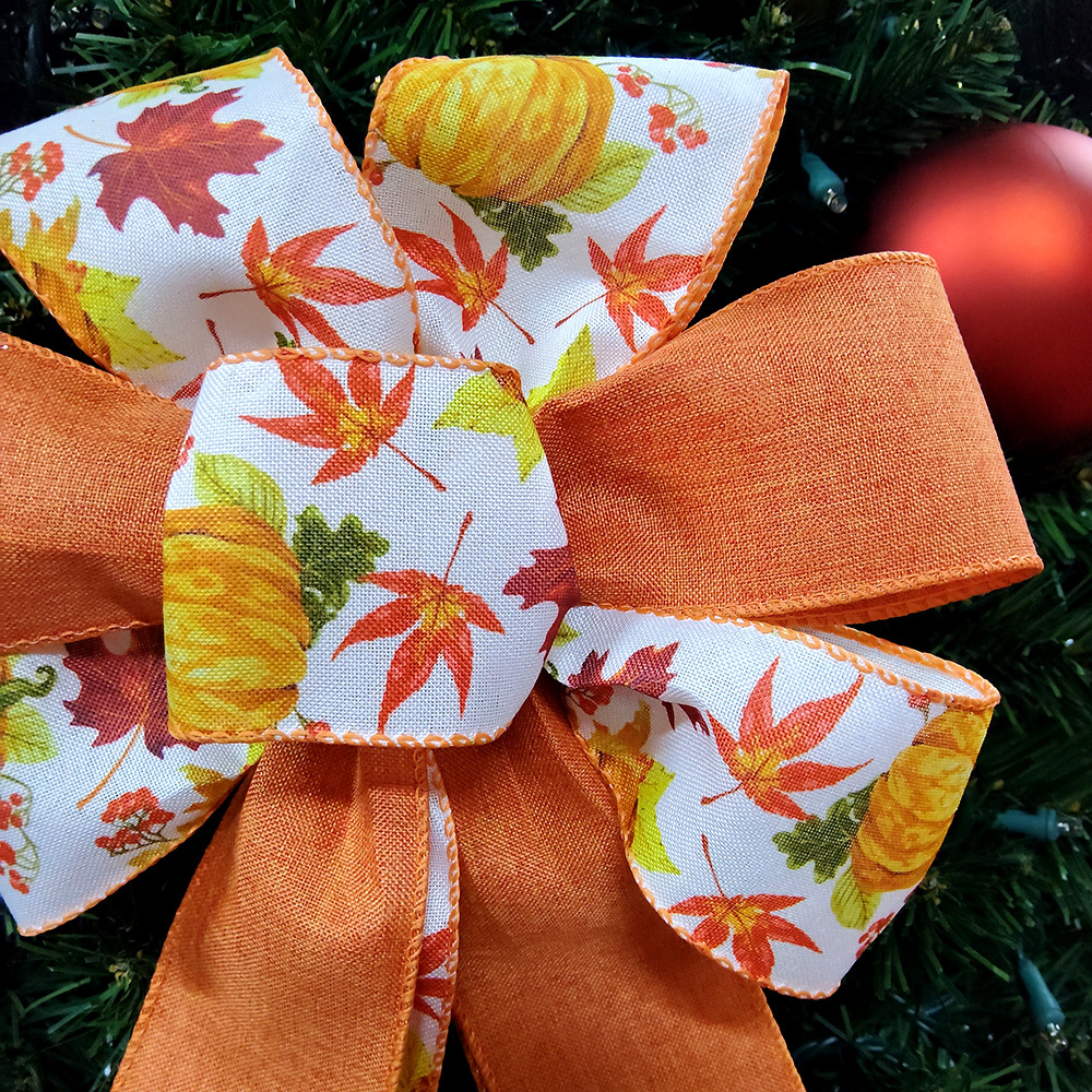 Autumn Pumpkin Bow with Embossed Foliage Design | Orange Satin Ribbon Bow for Christmas Gifts, Wreaths & Mantel Ornaments