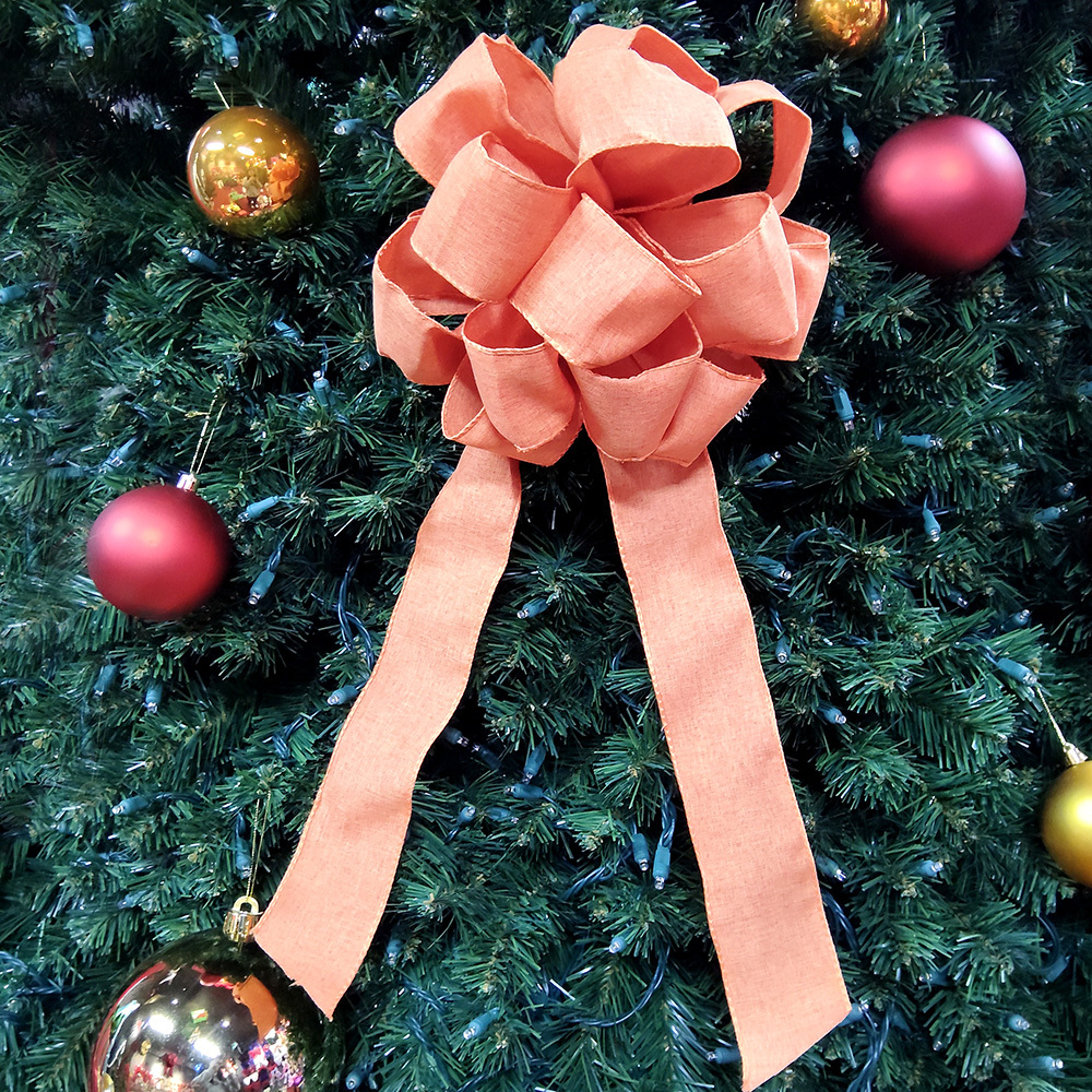 Large Orange Christmas Bow with Textured Linen & Flowing Ribbons Handcrafted Festive Decoration for Wreaths, Gifts & Mantel Ornaments