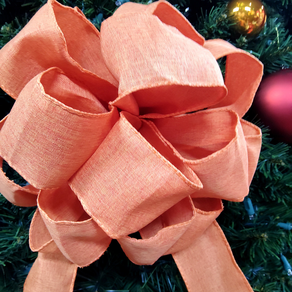 Large Orange Christmas Bow with Textured Linen & Flowing Ribbons Handcrafted Festive Decoration for Wreaths, Gifts & Mantel Ornaments