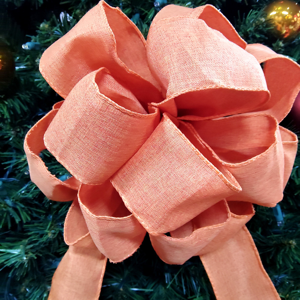 Large Orange Christmas Bow with Textured Linen & Flowing Ribbons Handcrafted Festive Decoration for Wreaths, Gifts & Mantel Ornaments