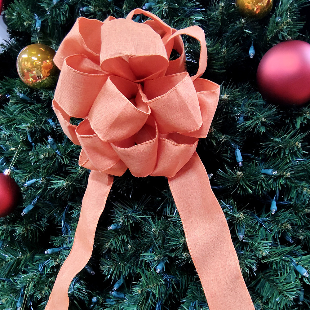 Large Orange Christmas Bow with Textured Linen & Flowing Ribbons Handcrafted Festive Decoration for Wreaths, Gifts & Mantel Ornaments