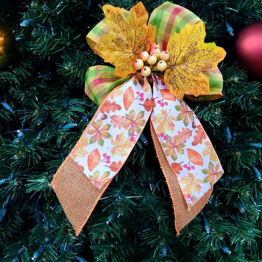 Autumn Leaf Christmas Bow with Spotted Yellow Foliage & Double-Sided Plaid Ribbon Golden Berry Accented Festive Decoration for Wreaths, Gifts & Mantel Ornaments