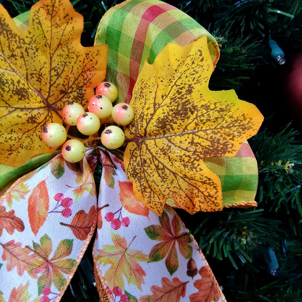 Autumn Leaf Christmas Bow with Spotted Yellow Foliage & Double-Sided Plaid Ribbon Golden Berry Accented Festive Decoration for Wreaths, Gifts & Mantel Ornaments