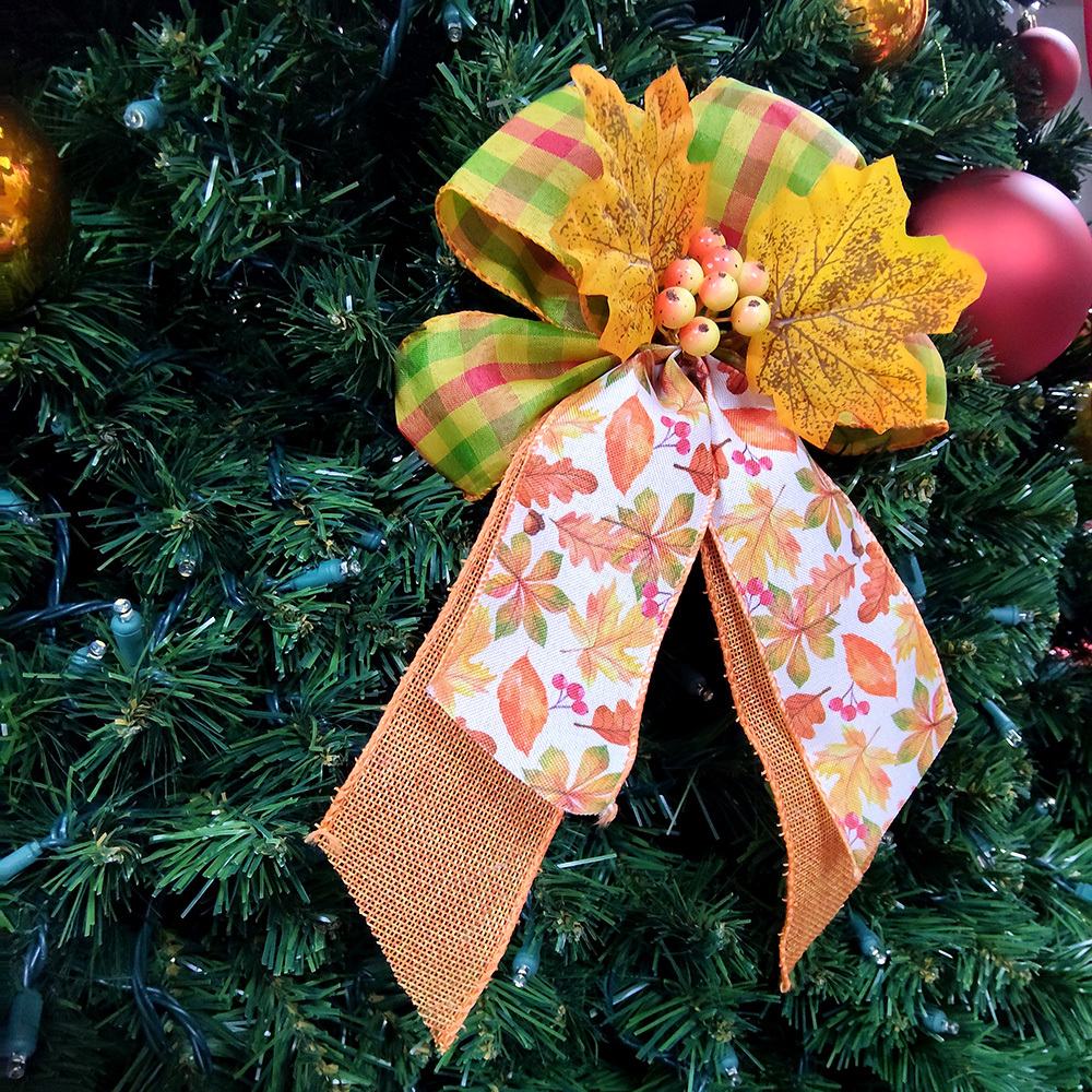 Autumn Leaf Christmas Bow with Spotted Yellow Foliage & Double-Sided Plaid Ribbon Golden Berry Accented Festive Decoration for Wreaths, Gifts & Mantel Ornaments