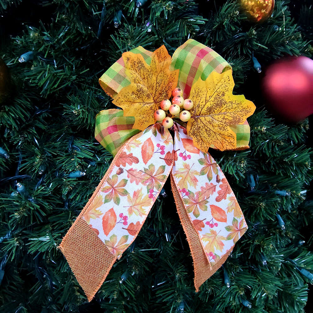 Autumn Leaf Christmas Bow with Spotted Yellow Foliage & Double-Sided Plaid Ribbon Golden Berry Accented Festive Decoration for Wreaths, Gifts & Mantel Ornaments