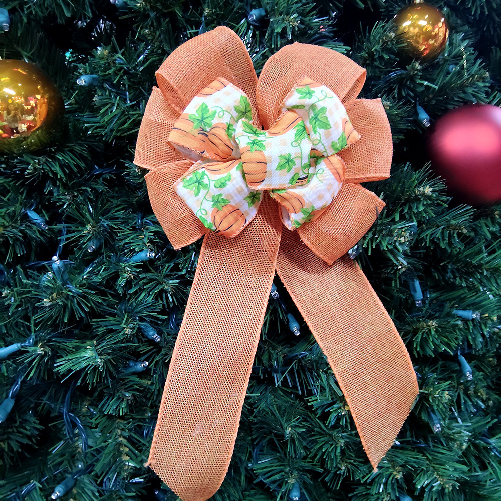 Charming Orange Pumpkin & Leaf Checkered Fabric Christmas Bow with Mesh Ribbon Cozy Festive Decoration for Wreaths, Gifts & Mantel Ornaments