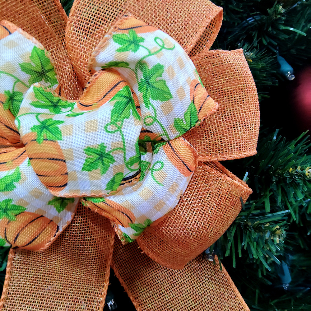 Charming Orange Pumpkin & Leaf Checkered Fabric Christmas Bow with Mesh Ribbon Cozy Festive Decoration for Wreaths, Gifts & Mantel Ornaments