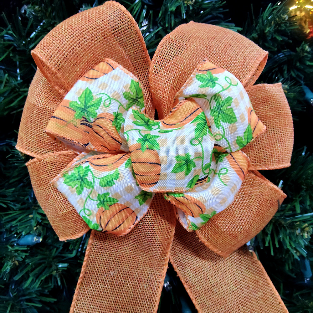 Charming Orange Pumpkin & Leaf Checkered Fabric Christmas Bow with Mesh Ribbon Cozy Festive Decoration for Wreaths, Gifts & Mantel Ornaments