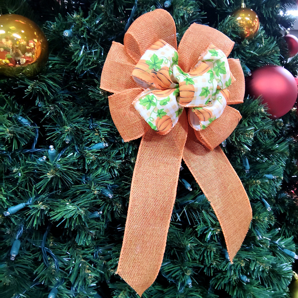 Charming Orange Pumpkin & Leaf Checkered Fabric Christmas Bow with Mesh Ribbon Cozy Festive Decoration for Wreaths, Gifts & Mantel Ornaments