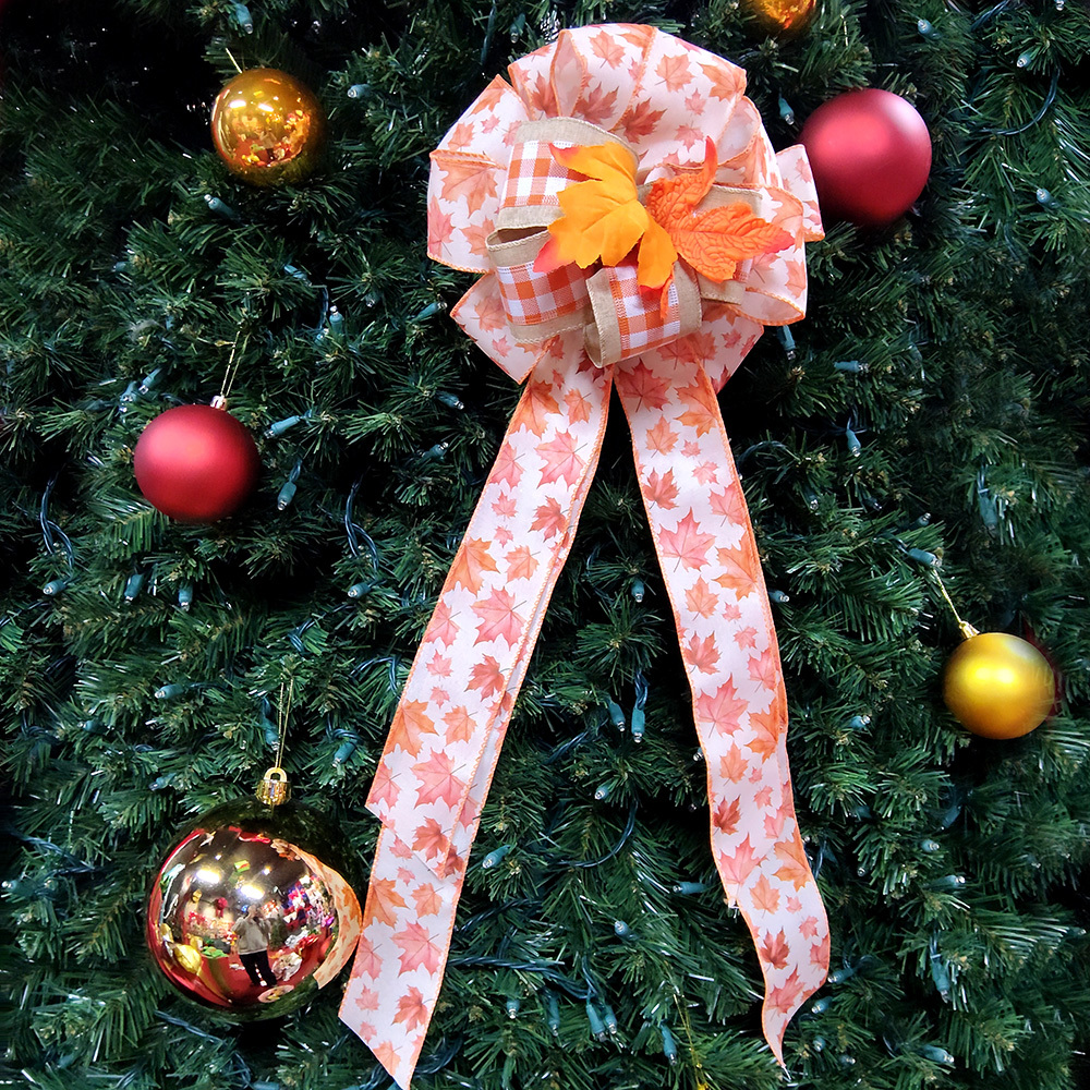 Luxurious Maple Leaf Christmas Bow with Plaid Ribbon & Tassel Accents Autumn Hued Festive Decoration for Wreaths, Gifts & Mantel Ornaments