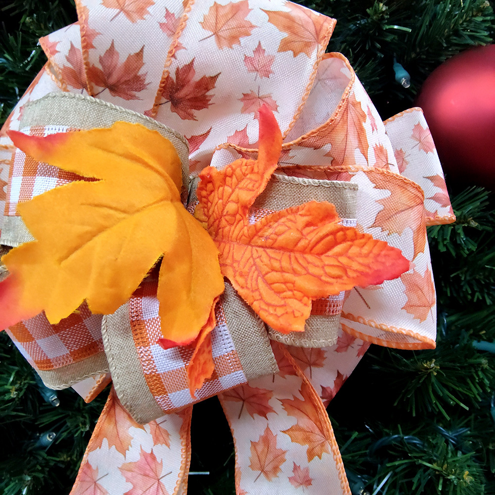 Luxurious Maple Leaf Christmas Bow with Plaid Ribbon & Tassel Accents Autumn Hued Festive Decoration for Wreaths, Gifts & Mantel Ornaments